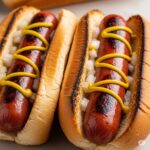 Two classic grilled hot dogs.