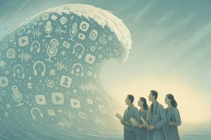 AI content flooding concept - thousands of fake podcasts drowning out human expertise