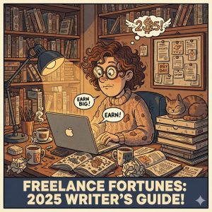 Freelance writer at laptop with thought bubble about earnings, learning how to make money freelance writing in 2025