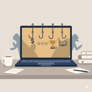 Illustration showing scammers targeting indie authors with fake publishing services and email fraud